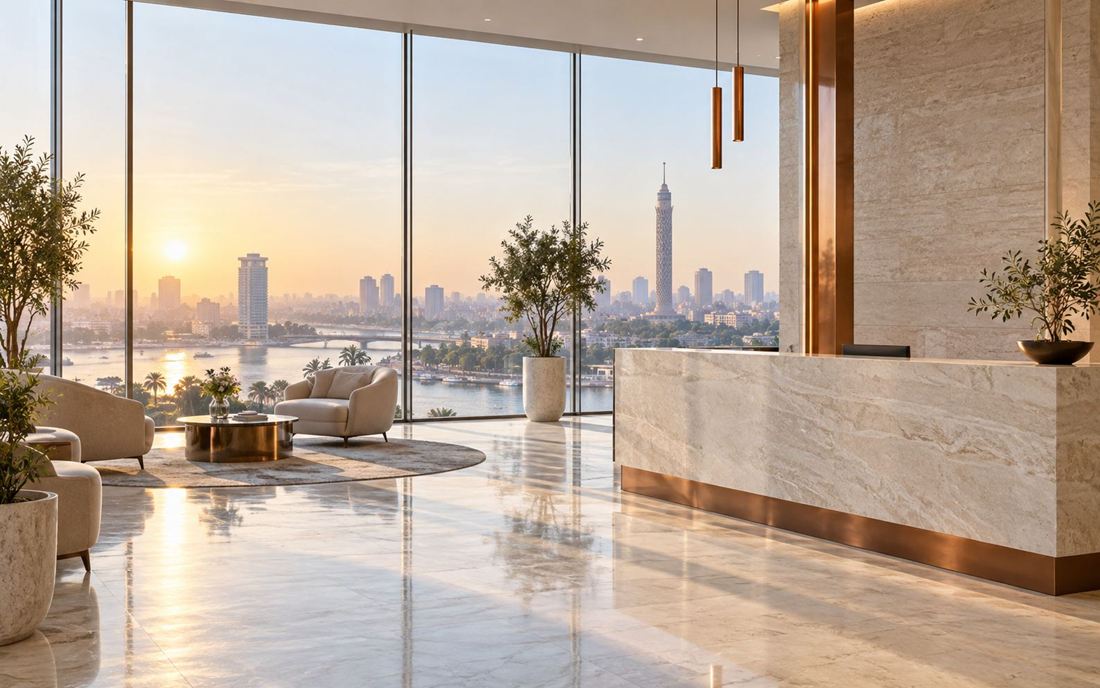 Bright modern reception overlooking the Nile