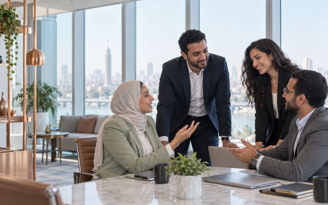 Professionals in discussion in a bright office